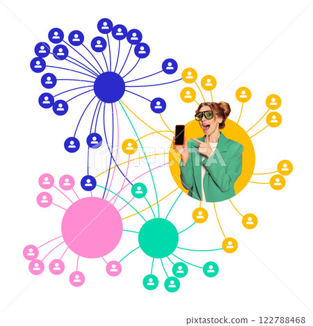 Woman in green blazer pointing at smartphone amid colorful interconnected network bubbles. 122788468