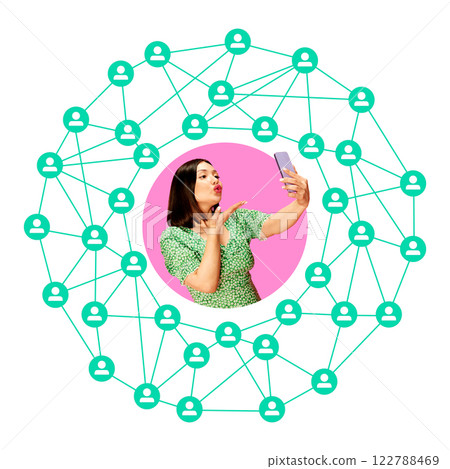 Woman in green dress blowing kiss toward phone while taking selfie within interconnected digital network nodes 122788469