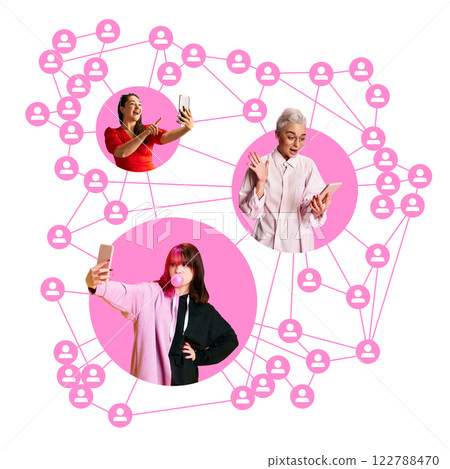 Three women taking selfies and interacting with smartphones surrounded by pink network lines 122788470