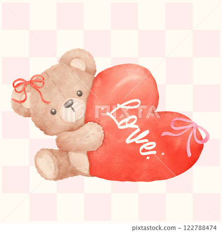 Cute Vintage Valentine Coquette Teddy Bear with Red Heart in Watercolor Style 122788474