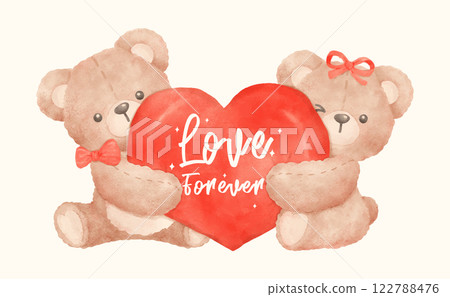 Retro Valentine Two Coquette Teddy Bears together with Red Heart in Watercolor Style Retro Valentine Two Coquette Teddy Bears together with Red Heart in Watercolor Style 122788476