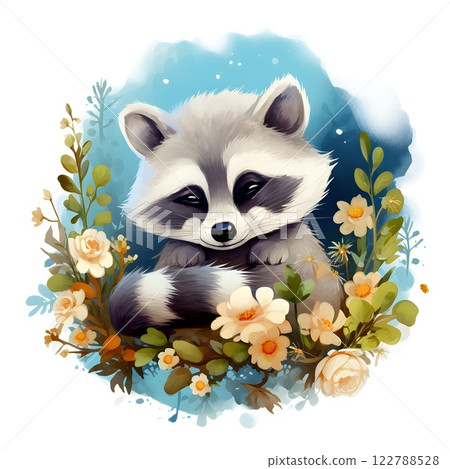 Illustration of a sleeping raccoon delicate pastel flowers, starry night sky. For nursery decor, children's book image, greeting cards, wallpapers, watercolor artistic prints. 122788528