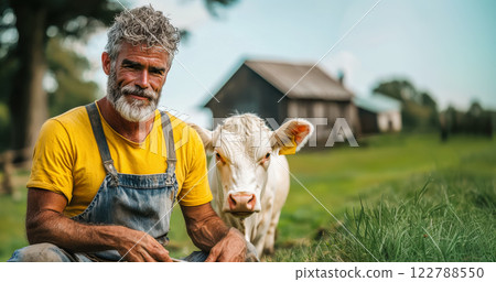 Farmer with a calf against the background of green hills and a house, copy space about traditional livestock farming and free-range cattle Farmer with a calf against the background of green hills and a house, copy space about traditional livestock farming and free-range cattle 122788550