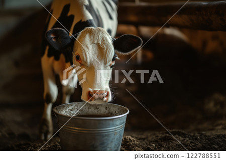 A calf drinks water from a bucket, a portrait of a cow in a barn, copy space about traditional livestock farming and free-range cattle A calf drinks water from a bucket, a portrait of a cow in a barn, copy space about traditional livestock farming and free-range cattle 122788551