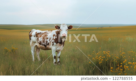 A banner with a dairy cow against the background of a meadow, copy space about traditional livestock farming and free-range cattle A banner with a dairy cow against the background of a meadow, copy space about traditional livestock farming and free-range cattle 122788555