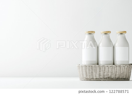 Milk bottles with blank labels stand in a wicker basket, 3D drawing on a white neutral background with copy space, concept of milk delivery from farm to home Milk bottles with blank labels stand in a wicker basket, 3D drawing on a white neutral background with copy space, concept of milk delivery from farm to home 122788571