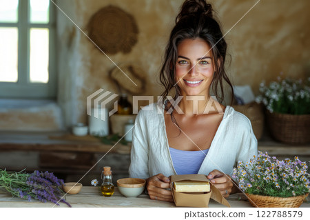 senior beautiful blonde woman riding a bicycle along the road through a wheat field, concept with copy space about advertising natural cosmetics senior beautiful blonde woman riding a bicycle along the road through a wheat field, concept with copy space about advertising natural cosmetics 122788579