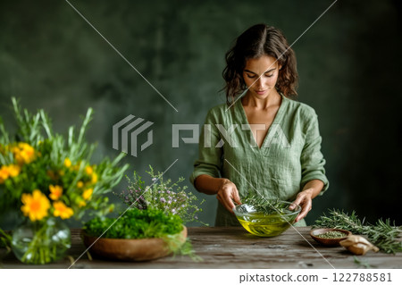 Workshop of a master soap maker, beautiful young woman making soap from oils and herbs, copy space poster about natural cosmetics and health care 122788581