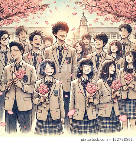 Students taking a commemorative photo under the cherry blossoms 122788591