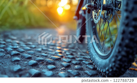Close-up of bicycle wheel on path in park, comfortable and accessible urban environment, space for concept of ecology and development and sustainable inclusive social environment 122788729