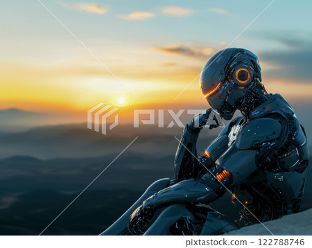 Robot in thinker pose at sunset sits on a rock above a valley, personifying the theme of thinking about life and technology development 122788746