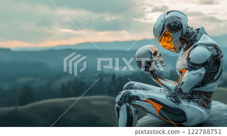 A humanoid robot sits on the edge of a cliff, holding a human skull in its hands and thoughtfully examining it, copy space about philosophical thoughtfulness and the development of technology A humanoid robot sits on the edge of a cliff, holding a human skull in its hands and thoughtfully examining it, copy space about philosophical thoughtfulness and the development of technology 122788751