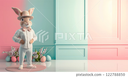 Easter bunny in a vest and bow tie on a bright background of wooden panels, an idea for an Easter banner 122788850