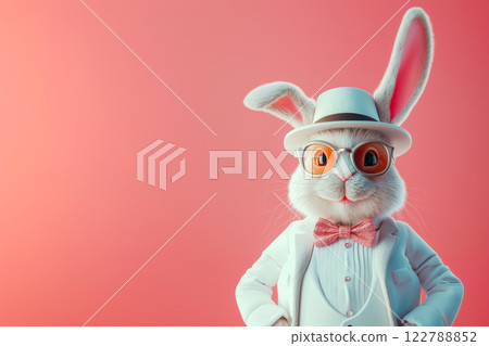 Funny Easter bunny in a hat and white suit on a pink background, Easter card idea with copy space Funny Easter bunny in a hat and white suit on a pink background, Easter card idea with copy space 122788852
