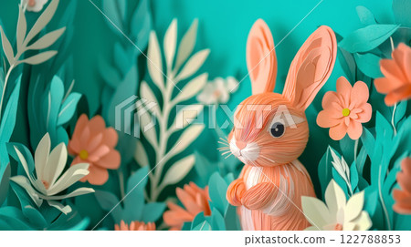 Easter card in paper cut art style with a rabbit on a soft turquoise background with flowers and grass of a spring meadow 122788853