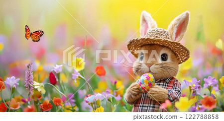 Poster with cute bunny in straw hat holding easter egg in paws, collecting eggs in meadow, copy space for easter postcard 122788858