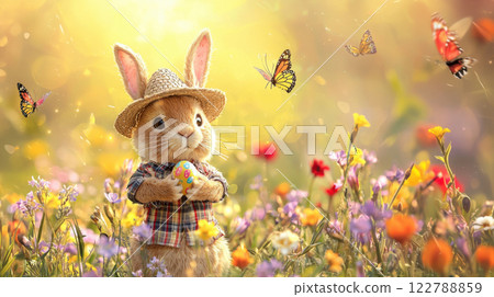 Banner with a bunny in a straw hat holding an Easter egg in his paws, collecting them on a sunlit meadow 122788859