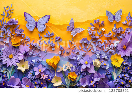 A card in the style of paper cut art with butterflies flying over meadow flowers, congratulations on Easter A card in the style of paper cut art with butterflies flying over meadow flowers, congratulations on Easter 122788861