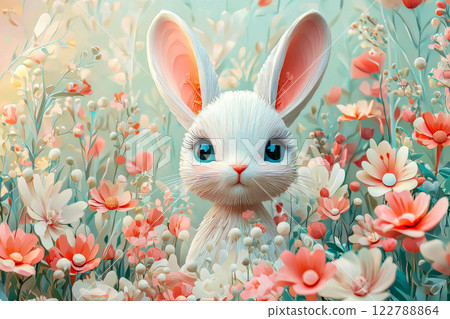 A postcard with a bunny on a meadow of grass and flowers, an Easter card in the style of paper cut art A postcard with a bunny on a meadow of grass and flowers, an Easter card in the style of paper cut art 122788864