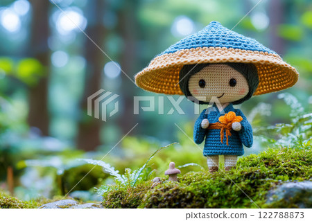 Handmade in Japanese style - a peasant doll crocheted from wool threads against a background of greenery and nature. Handmade in Japanese style - a peasant doll crocheted from wool threads against a background of greenery and nature. 122788873