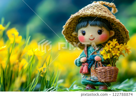 A cute crochet figure of a farmer picking yellow daffodils, a toy crocheted from wool, copy space for the concept of toys 122788874