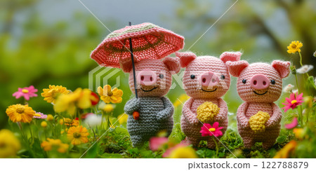 Banner with funny pigs on a walk in the forest, hand-crocheted fairy tale toys Banner with funny pigs on a walk in the forest, hand-crocheted fairy tale toys 122788879