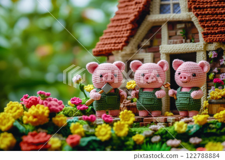 Three cute little pigs, crocheted from woolen threads, with tools in their paws are building their house. Three cute little pigs, crocheted from woolen threads, with tools in their paws are building their house. 122788884