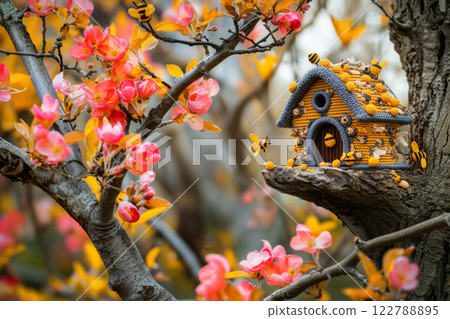 Hand-crocheted beehive with bees on a blooming apple tree, pollination of trees and collection of nectar, the importance of insects in the ecosystem Hand-crocheted beehive with bees on a blooming apple tree, pollination of trees and collection of nectar, the importance of insects in the ecosystem 122788895