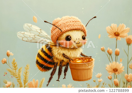 A bee carrying a bucket of honey against the background of a field with blooming spring flowers 122788899