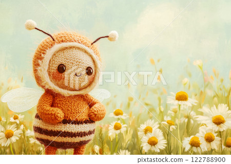 A funny crochet bee against the background of a field with blooming daisies, bright funny handmade toys 122788900
