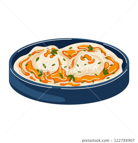 Turkish poached eggs with yogurt for breakfast in cartoon style. Cilbir with herb for restaurant menu isolated on a white background. 122788907