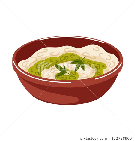 Turkish yogurt dip haydari for breakfast in cartoon style. Garlic yogurt sauce design for restaurant menu isolated on a white background. Turkish yogurt dip haydari for breakfast in cartoon style. Garlic yogurt sauce design for restaurant menu isolated on a white background. 122788909
