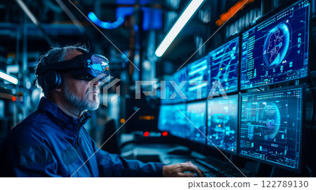 A service engineer in VR glasses manages a technological process at an enterprise, a smooth fusion of human potential and machine precision A service engineer in VR glasses manages a technological process at an enterprise, a smooth fusion of human potential and machine precision 122789130