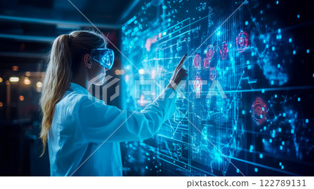 A female medic in virtual reality glasses analyzes the received data about a patient to make a diagnosis and treatment plan, the concept of human-virtual reality integration A female medic in virtual reality glasses analyzes the received data about a patient to make a diagnosis and treatment plan, the concept of human-virtual reality integration 122789131