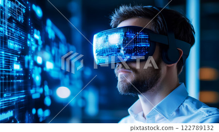 Integration and interaction of artificial intelligence and humans, an engineer in virtual reality glasses analyzes computer systems, the concept of human-computer integration Integration and interaction of artificial intelligence and humans, an engineer in virtual reality glasses analyzes computer systems, the concept of human-computer integration 122789132