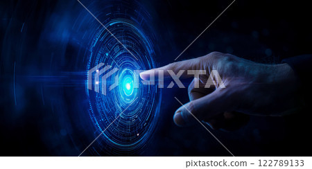 A man's hand presses a virtual button with a data stream to start the integration system, dark blue background, concept of human and high-tech systems integration 122789133