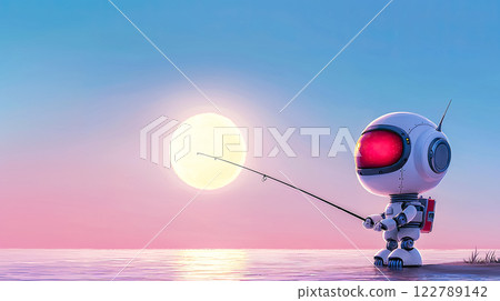 Surreal banner with a funny robot fishing in the bay against the backdrop of the rising sun, minimalism, solitude and loneliness Surreal banner with a funny robot fishing in the bay against the backdrop of the rising sun, minimalism, solitude and loneliness 122789142