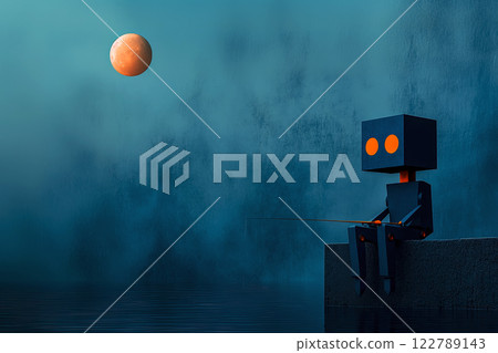An old robot fishing with a fishing rod from a pier, a full moon rising in the background, a rich blue background with copy space An old robot fishing with a fishing rod from a pier, a full moon rising in the background, a rich blue background with copy space 122789143