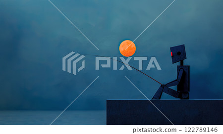 Abstract minimalist robot sitting on the shore fishing under the moon, blue background, soft lighting, atmosphere of mystery and loneliness Abstract minimalist robot sitting on the shore fishing under the moon, blue background, soft lighting, atmosphere of mystery and loneliness 122789146
