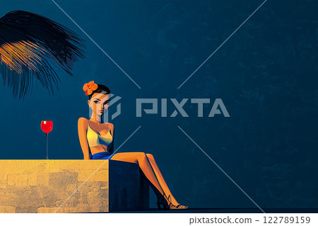 Poster with portrait of woman with orchid flower in hair, glass of red wine next to her, sitting on pier with night sky in background, wine party idea at resort 122789159
