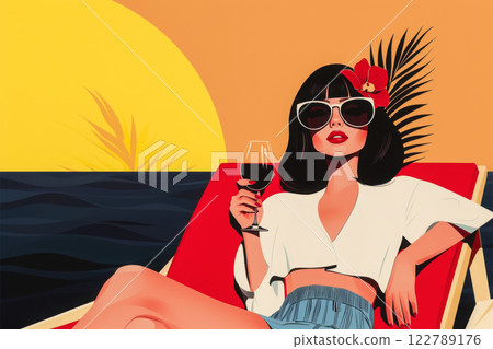 Beautiful young woman in sunglasses relaxing in sun lounger with glass of red wine against sunset over ocean, vacation and travel concept Beautiful young woman in sunglasses relaxing in sun lounger with glass of red wine against sunset over ocean, vacation and travel concept 122789176