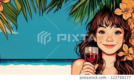 Poster with cheerful young freckled woman with glass of red wine in shade of palm leaves, relaxing on sandy beach at resort, copy space about island hopping cruise 122789177