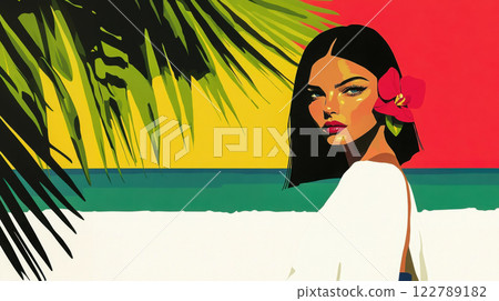 Drawing of a young beautiful brunette walking on a white sand beach, orchid in her hair and shadow from palm leaves, bright sunny day Drawing of a young beautiful brunette walking on a white sand beach, orchid in her hair and shadow from palm leaves, bright sunny day 122789182