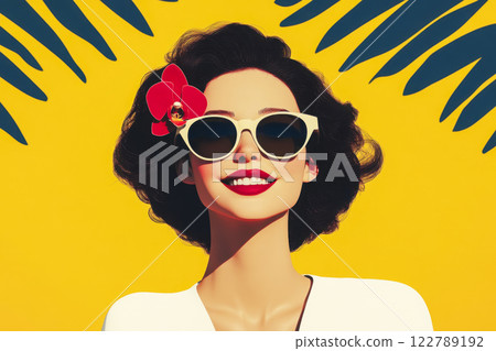 Bright portrait with happy young tanned woman in sunglasses and orchid in hair against bright yellow wall, postcard about travel or cruise around islands Bright portrait with happy young tanned woman in sunglasses and orchid in hair against bright yellow wall, postcard about travel or cruise around islands 122789192