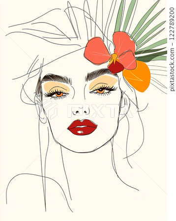 Color line art with a portrait of a young woman with brown hair and an orchid flower in her hair above her ear, dark skin, blue eyes and burgundy lips, vertical summer portrait Color line art with a portrait of a young woman with brown hair and an orchid flower in her hair above her ear, dark skin, blue eyes and burgundy lips, vertical summer portrait 122789200