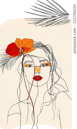 Vertical portrait with line color drawing in with portrait of beautiful woman with orchid in hair, soft pastel colors, advertisement of spa and seaside vacation 122789203