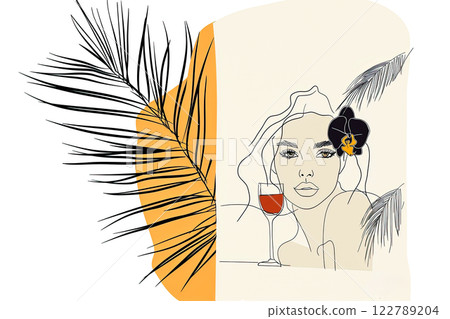 Diptych with female portrait with flowers in hair and glass of wine, and palm branch against sunset background, elegant minimalistic drawing, summer vacation advertisement 122789204