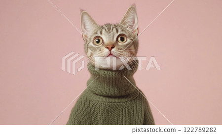 Gray Cat in cozy knitted sweater against color background 122789282
