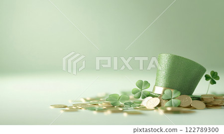St. Patricks Day leprechaun hat with green shamrocks and golden coins, festive background with bokeh and copy space St. Patricks Day leprechaun hat with green shamrocks and golden coins, festive background with bokeh and copy space 122789300
