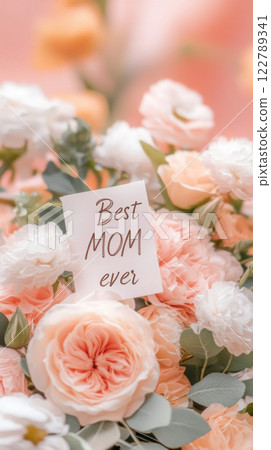 Mothers Day floral arrangement featuring pink roses and card Best Mom ever, holiday celebration postcard 122789341